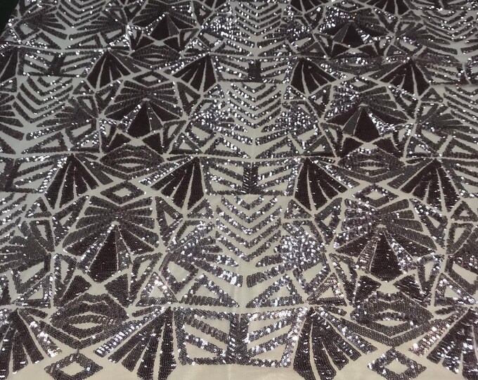 Luxury Geometric (Dusty Rose) Sequins 4 WAY Stretch ON A Mesh Lace Fabric By The Yard. For Dresses,Night Gowns, Top Fashion,Veil,Tablecloths