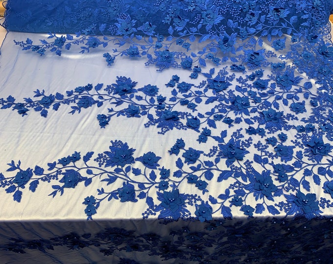 3D Pearls Flowers/Floral London Design Beaded Embroidered Mesh Lace Handmade Fabric By The Yard/ Tablecloths/ Veil/Decor/Skirts.(Royal Blue)