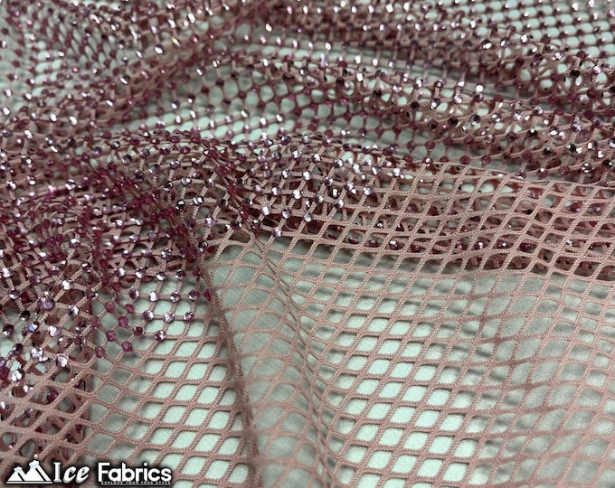 Dusty Rose Crystal 4 Way Stretch Beaded Fabric on Fish net Fabric By The Yard | Spandex Lace with Handmade Beads