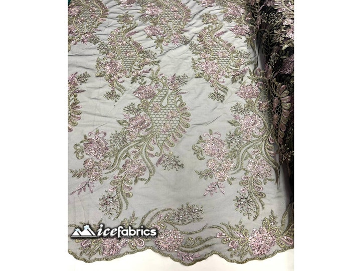 Luca Floral Lace Fabric By The Yard Dusty Rose / Green Embroidery Flowers Sequin Fabric On Mesh. Wedding Dress, Decoration