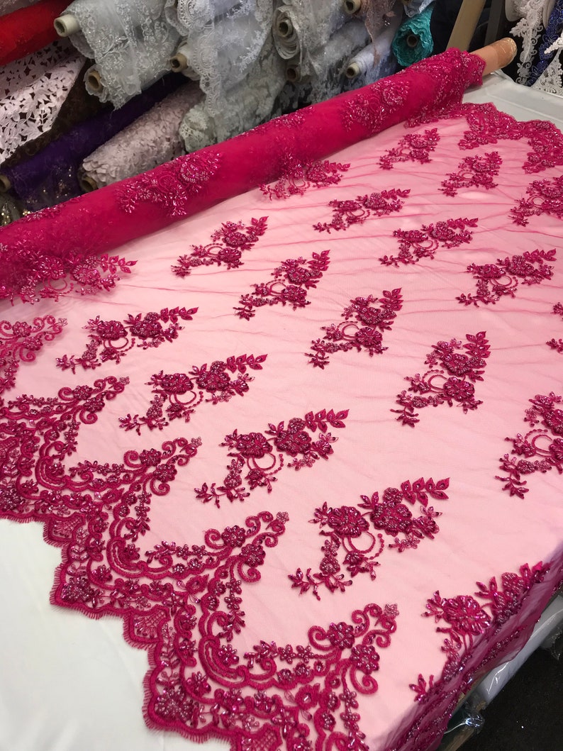 Fuchsia Beaded Mesh Lace Fabric by the Yard Embroidered Etsy