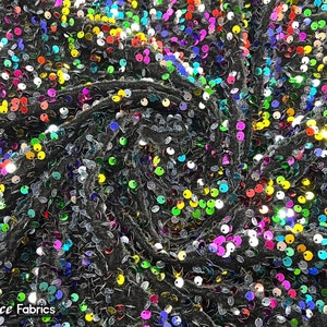 Emma 2 Way Stretch Velvet Sequin Fabric By The Yard | Embroidery Sequin On Spandex Velvet | Rainbow on Black Velvet | 60” Wide