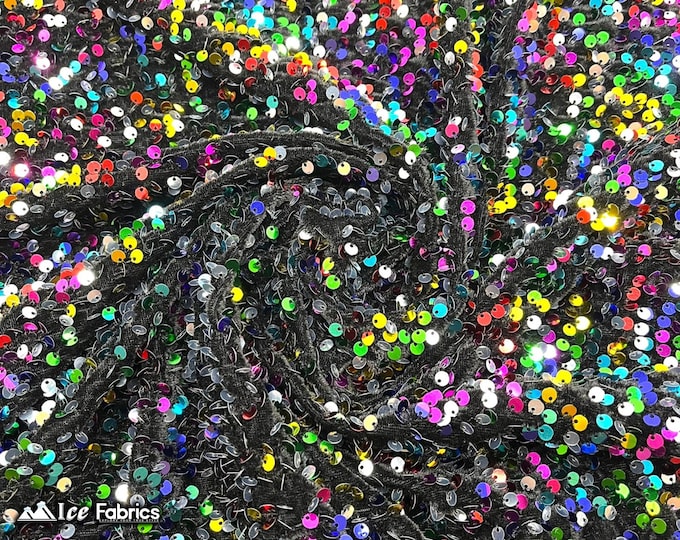 Emma 2 Way Stretch Velvet Sequin Fabric By The Yard | Embroidery Sequin On Spandex Velvet | Rainbow on Black Velvet | 60” Wide