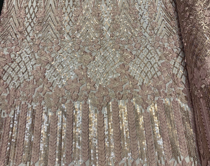 Dusty Rose_Corded 3D Flowers/Floral Mesh Lace Fabric With Geometric Gold Sequins By The Yard// Embroidery Lace Mesh Dresses, Gowns, Skirts