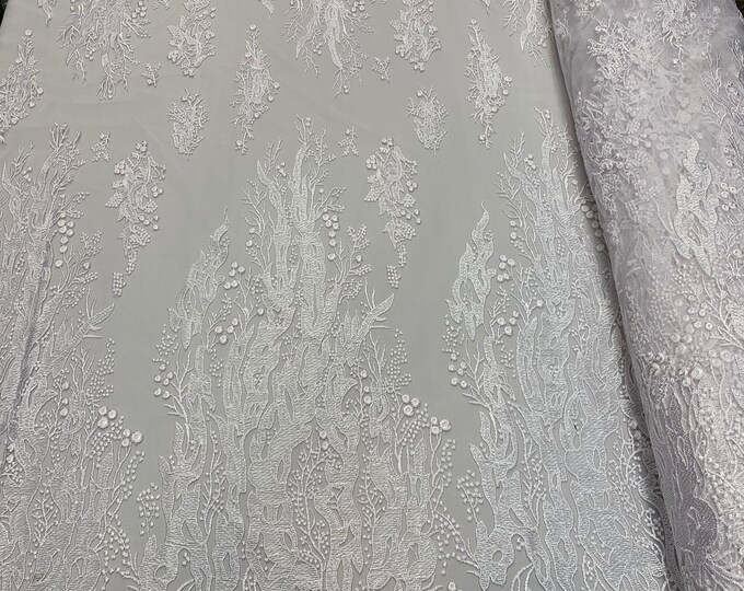 FIRE design_ White // Floral Handmade Mesh Lace Fabric By The Yard, Flowers Fabric Lace Mesh// Veil Bridal Gowns, Fashion Dress, Costume