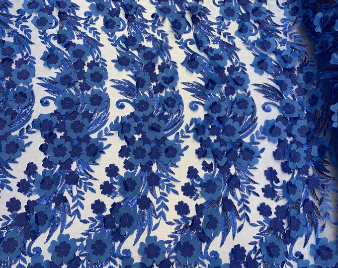 Royal Blue Veil Bridal Gowns//Mesh 3D Flowers Fabric Lace Fabric By The Yard_Sequins Flowers Embroidery Mesh Lace Floral Lace//FASHION SHOW
