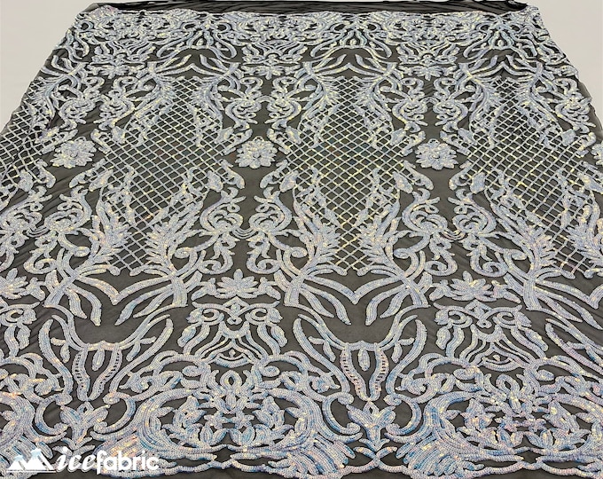 Mia Geometric Sequin Fabric By The Yard | 4 Way Stretch Fabric | Sequin Geometric Embroidery Fabric | Iridescent White Blue on Black Mesh