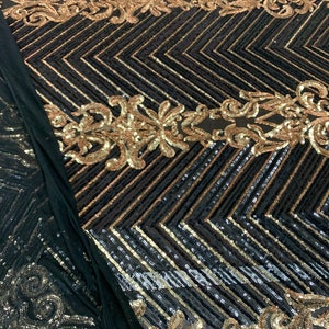 Sequin Flame Design On A 4 Way Stretch Mesh Fabric by The Yard (1 Yard, Black/Matte Gold)