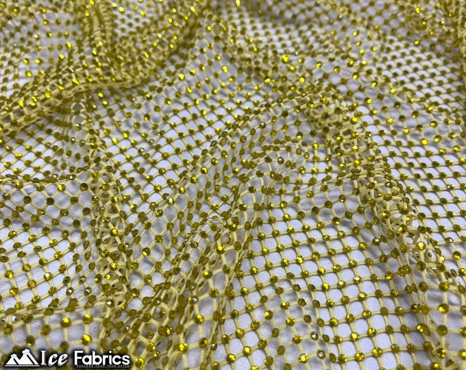 Yellow Crystal 4 Way Stretch Beaded Fabric on Fish net Fabric By The Yard | Spandex Lace with Handmade Beads