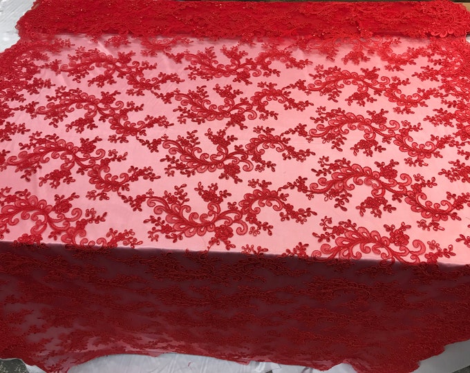 Red Mesh Lace Floral Fabric By The Yard_ Embroidery Handmade Floral Lace_ Decor, Night Gowns, Tablecloths, Runners, Skirts, Costumes