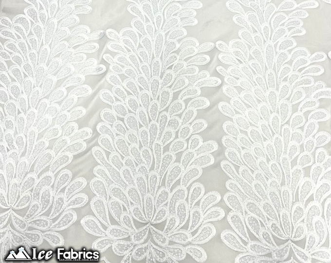 White Vegas Peacock Embroidery Lace Sequin Fabric | on 2 Way Stretch Mesh | Sold By 3 Panels | (34” Length) (54” Wide)