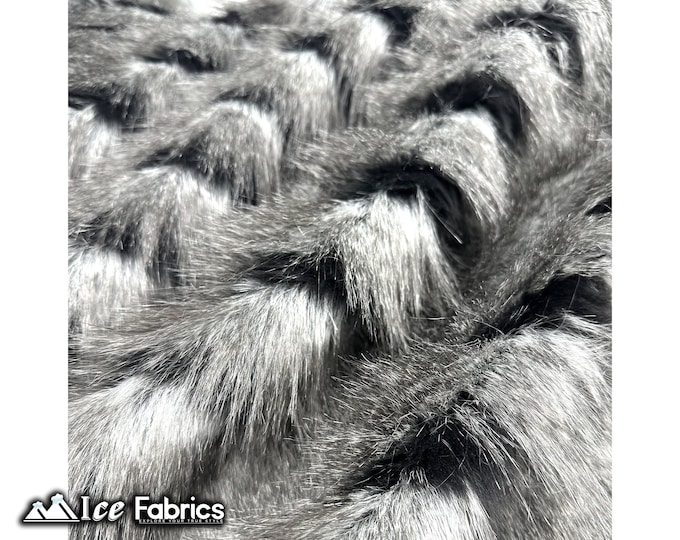 Fancy Feather Black Gray Faux Fur Fabric By The Yard | Long Pile Fur Fabric | (60” Wide ) blanket, clothing, Jacket.