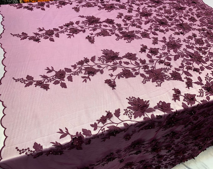 3D Pearls Flowers/Floral London Design Beaded Embroidered Mesh Lace Handmade Fabric By The Yard/ Tablecloths/ Veil/ Decor/ Skirts.(plum)