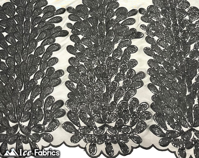 Black Vegas Peacock Embroidery Lace Sequin Fabric | on 2 Way Stretch Mesh | Sold By 3 Panels | (34” Length) (54” Wide)