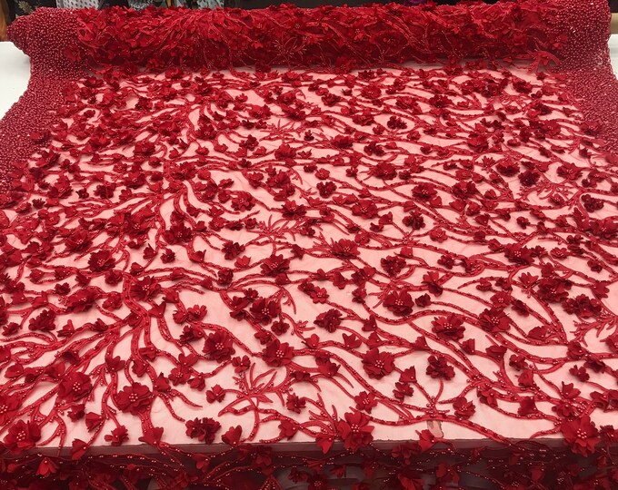 Red Design Beaded Mesh Lace Fabric Bridal Wedding Sold By Yard clothing, jackets, dresses,skirts, applications, table covers, runners