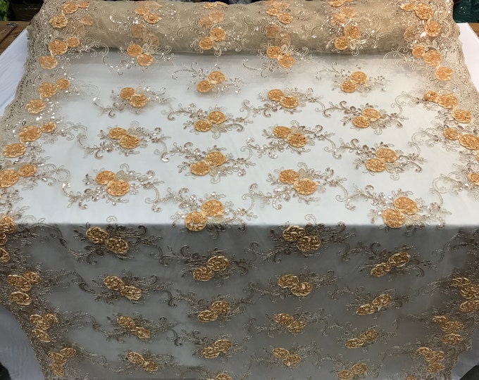 Gold Embroidered mesh lace Flower Design with sequins by the yard. Floral wedding prom dress, tablecloths, runners, skirts,customs, decor