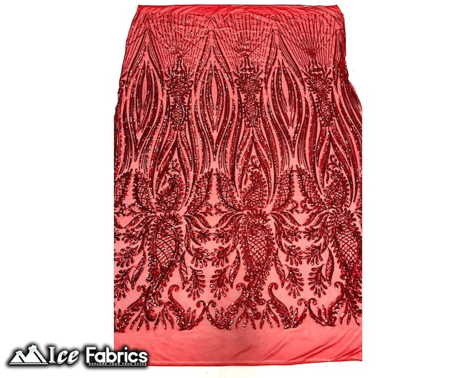 Loyalty Red Sequin Fabric By The Yard | Lace Embroidery Fabric | Sequin Lace on 4 Way Stretch Mesh