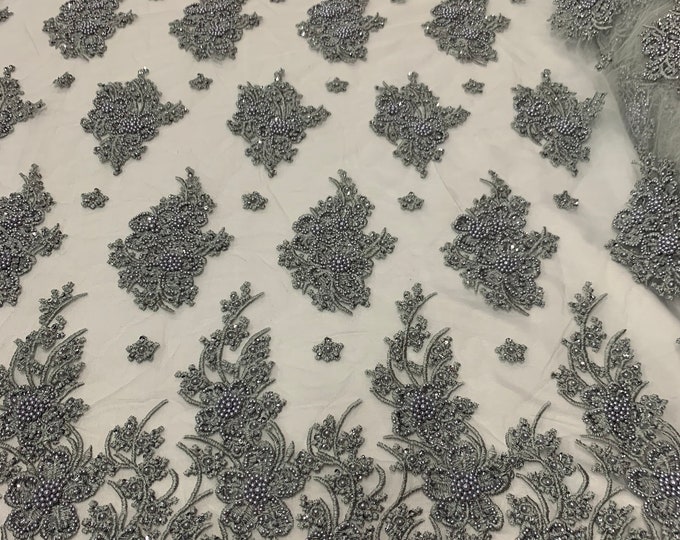 Gray Lace_ Embroidered Beaded Mesh lace Floral Corded Flowers Fabric Sold By the Yard_ for Wedding Dress, Bridal Gowns, Appliques, Veil.