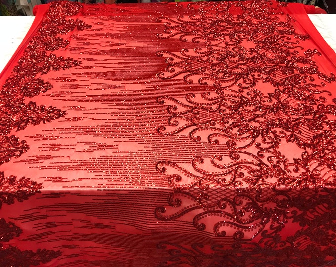 Red Sequin Fabric By The Yard_ Embroidered 4 Way Stretch Sequin Fabric_ Spandex Fabric Mesh Fabric_ Prom Dress