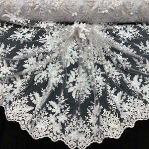 White_ 3D Flowers Beaded Mesh Lace Bridal Fabric By The Yard/ Mesh Beaded Embroider Lace Floral Fabric/ Wedding Fabric, Prom Dress, Gowns