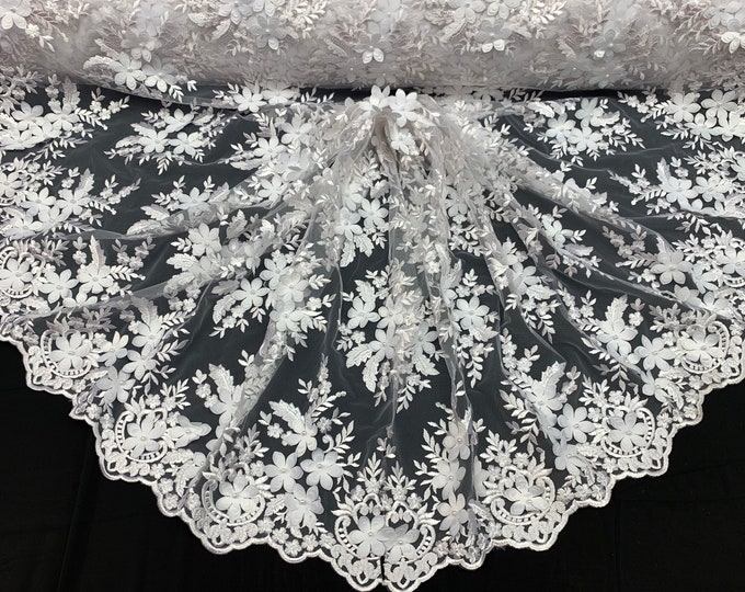 White_ 3D Flowers Beaded Mesh Lace Bridal Fabric By The Yard/ Mesh Beaded Embroider Lace Floral Fabric/ Wedding Fabric, Prom Dress, Gowns
