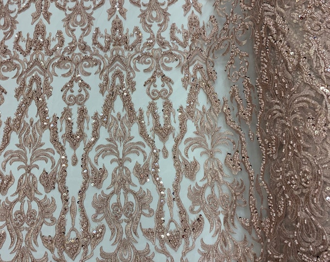 Elegant (Dusty Rose) Hand Beading Embroidered Geometric Beaded Mesh Lace Fabric By The Yard_ Wedding Dress Fabric, Veil Gowns, Bridal Lace