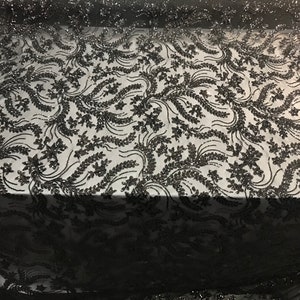 NEW Black Design sequins 4 way stretch on A MESH lace Sold By sample  for decorations fashion wedding prom dresses, tablecloths night gowns