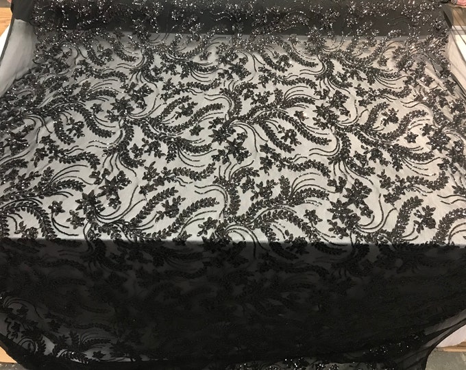 NEW Black Design sequins 4 way stretch on A MESH lace Sold By sample  for decorations fashion wedding prom dresses, tablecloths night gowns