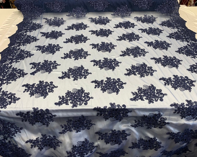 Embroidered Mesh lace Floral Design (Navy Blue) Fabric With Sequins By The Yard. For Tablecloths/Runners/Skirts/Costume/Dresses/ Decoration