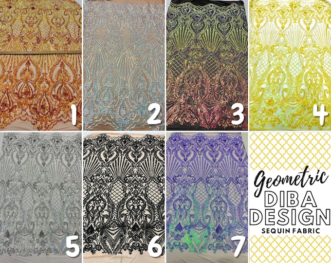 Iridescent Geometric Sequin Fabric By The Yard (Diba Design) 4 Way Stretch Mesh Lace with Embroidery Sequin for Prom Dress, Wedding dress