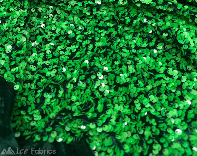 Luxury Stretch Velvet Sequin Fabric Kelly Green on Green Velvet By The Yard | Full All Over Sequin ( 5mm) on stretch Velvet Fabric
