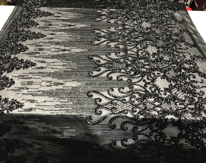 Black Geometric Design High Quality 4 Way Stretch Sequins Fabric Embroidery Lace Fabric. Spandex Fabric