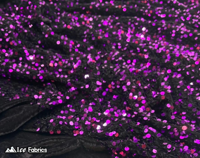 Emma 2 Way Stretch Velvet Sequin Fabric By The Yard | Embroidery Sequin On Spandex Velvet | Purple | 60” Wide