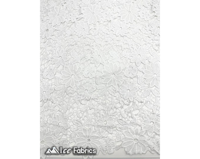 White Floral Guipure Lace Fabric By The Yard | Bridal Veil Gowns Fabric | Scallop Embroidered Fabric