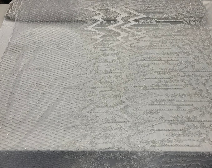 White Transparent embroidered Beaded Design on Mesh Laces Fabric by the yard prom wedding dresses, decorations, tablecloths, top Fashion