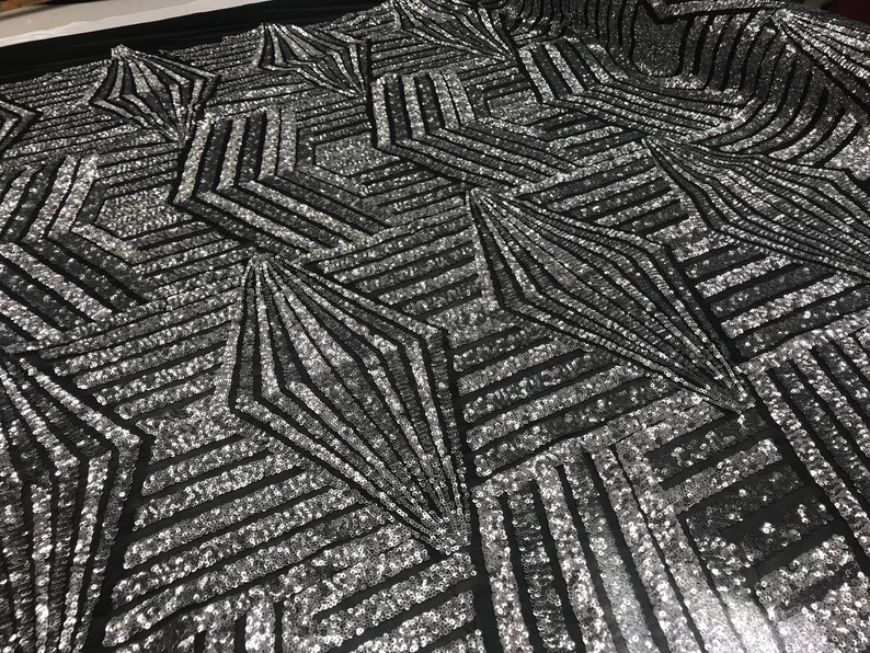 SilverBlack Shiny sequins 4 way stretch on A MESH lace Sold By the yard for decorations fashion wedding prom dress,tablecloths night gowns