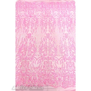 Gorgeous Iridescent Bubble Gum Pink Stretch Spandex Sequin Fabric By The Yard | Embroidery Fabric On 4 Way Stretch Mesh Fabric | Lace Fabric