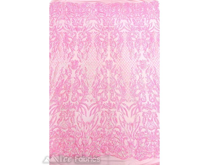 Gorgeous Iridescent Bubble Gum Pink Stretch Spandex Sequin Fabric By The Yard | Embroidery Fabric On 4 Way Stretch Mesh Fabric | Lace Fabric