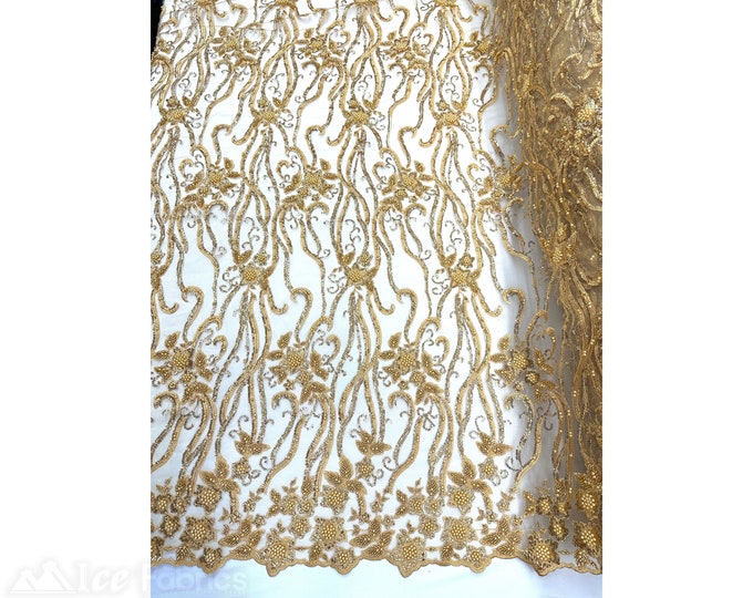 Gold Floral Beaded Fabric By The Yard | Lace Fabric Embroidery Sequin Fabric with Beads on Mesh Fabric