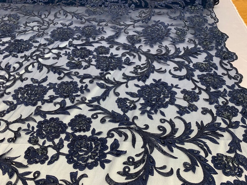 Purple flower burst design embroider on a mesh lace with glass beads-wedding-bridal-prom-nightgown fabric-dresses-sold by the yard-