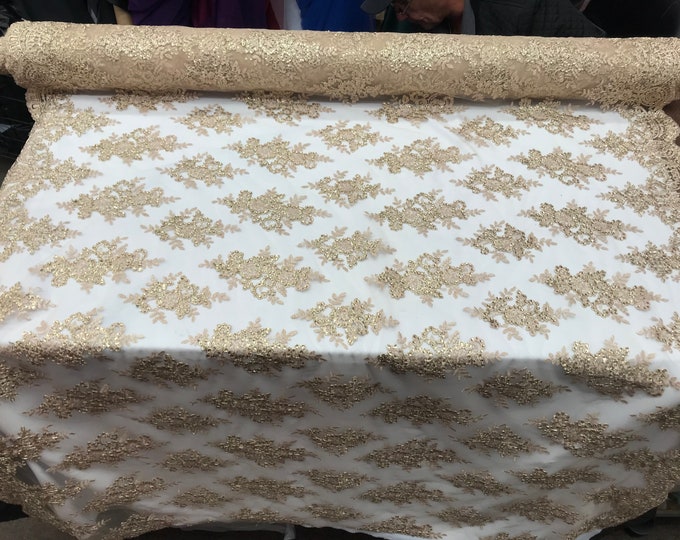 Champagne  modern flower design embroider on a mesh with sequins and metallic cord-prom-nightgown-decorations-sold by the yard.