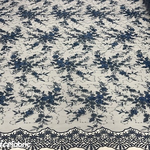 Fashion 3D Flowers Floral Lace Fabric By The Yard | Navy Blue Embroidery Beaded Fabric with Sequin on Mesh