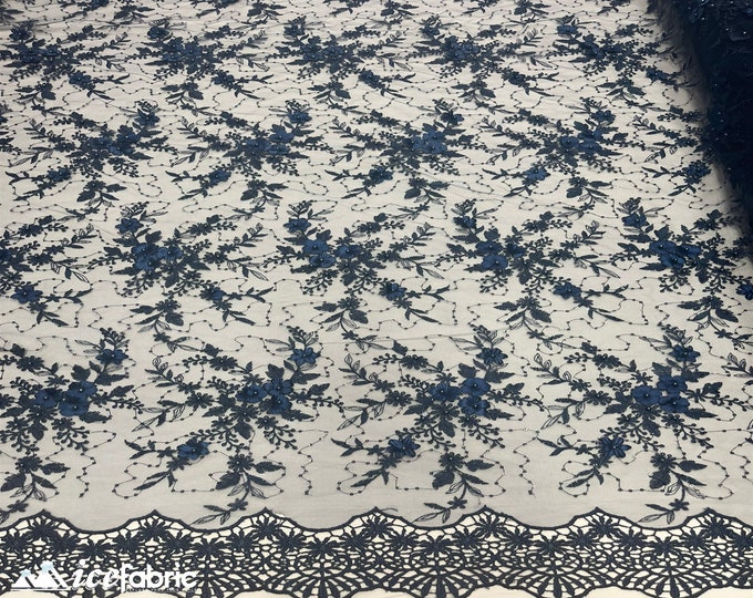 Fashion 3D Flowers Floral Lace Fabric By The Yard | Navy Blue Embroidery Beaded Fabric with Sequin on Mesh
