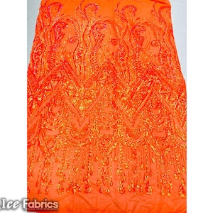 Tissu africain à paillettes extensible dans 4 directions orange néon | Tissu maillé à paillettes | Tissu en dentelle brodé