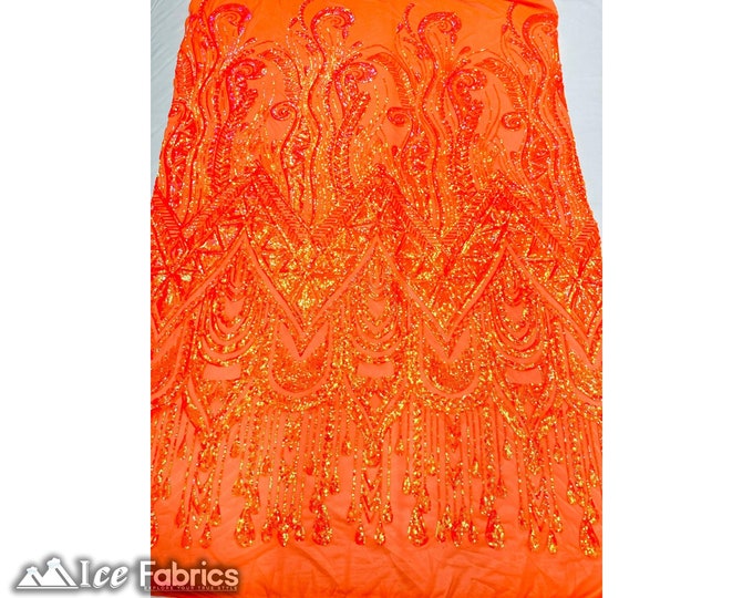 African Neon Orange 4 Way Stretch Sequin Fabric By The Yard | Mesh Sequin Fabric | Embroidered Lace Fabric