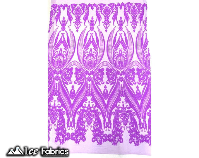 Damask Iridescent Lavender Stretch Sequin Fabric | By The Yard | Embroidered Lace Fabric on Spandex Mesh Fabric | for Dresses, decorations
