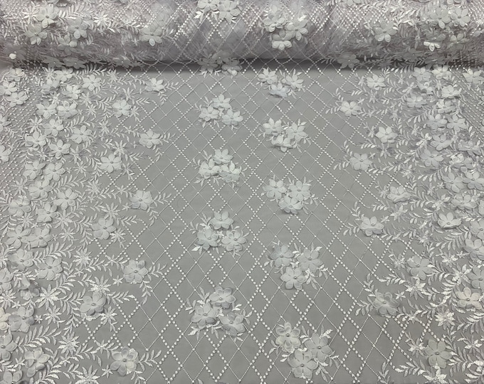 White_ Floral 3D Flowers // Mesh 2 WAY Stretch// Beaded Mesh Lace Embroider Lace Fabric By The Yard//Veil// Gowns/ costumes/Prom Dress