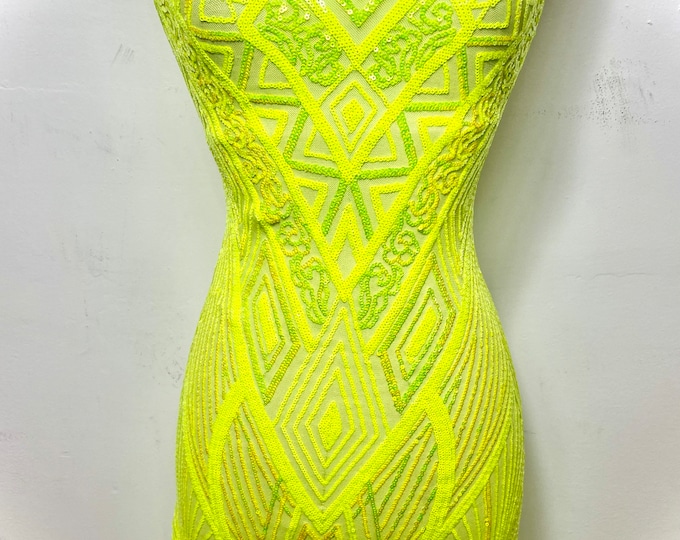 Moon Iridescent Neon Yellow Sequin Fabric By The Yard | Geometric 4 Way Stretch Spandex Mesh Fabric | Embroidered Fabric | 56” Wide