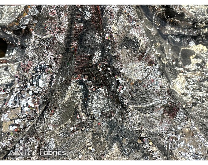 Silver On Black Mesh Floral Sequin Fabric By The Yard | On 4 way Spandex Mesh Fabric Embroidery Lace Fabric | Sequin Flowers