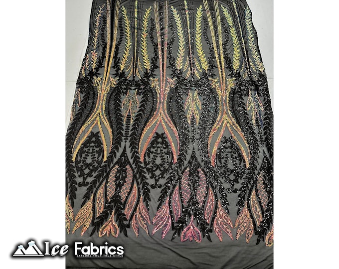 Lucy Damask Sequin Fabric By The Yard | Iridescent Orange Pink on 4 Way Stretch Mesh Fabric